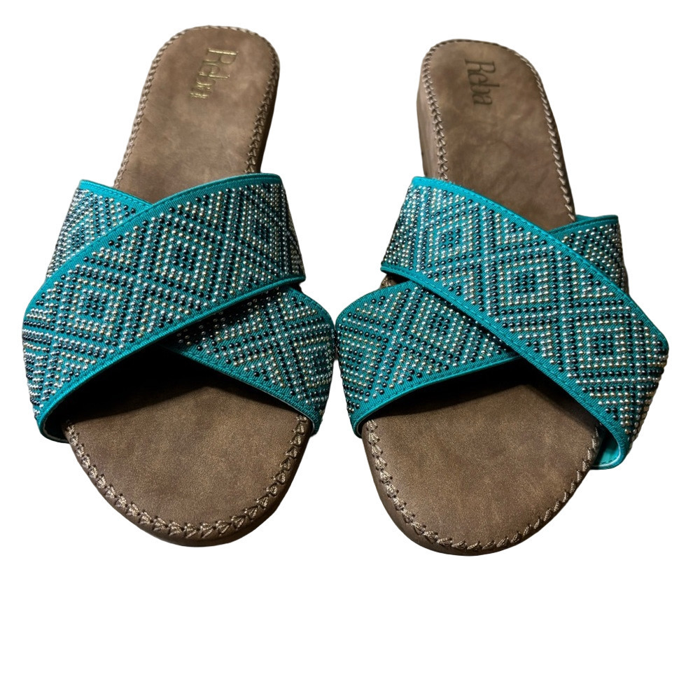 Reba Nell Women's Turquoise Silver and Gold Beaded Sandals
Vegan size 7.5